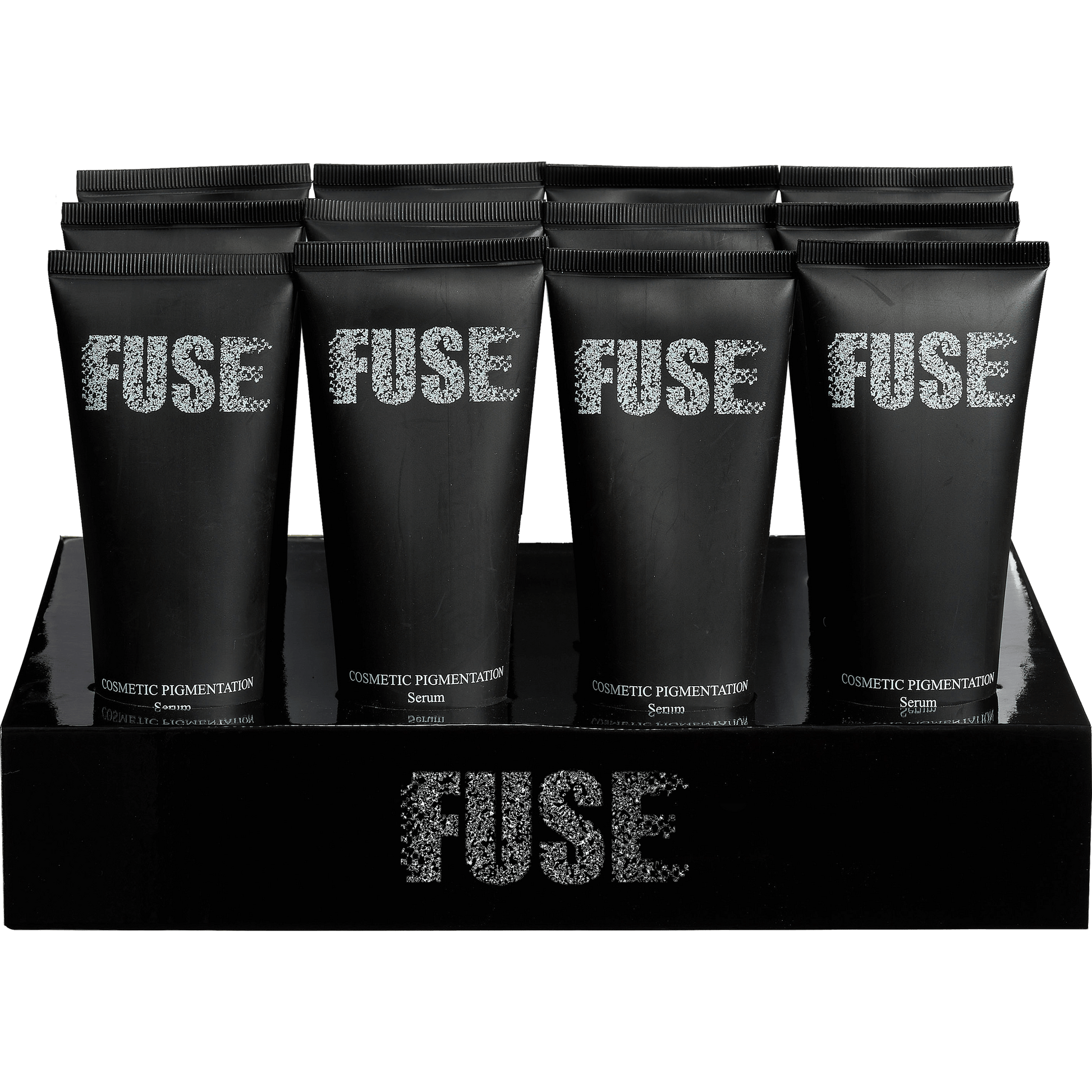 Fuse Cosmetic Pigmentation Serum, Scalp Micropigmentation Aftercare products displayed on a retail stand, promoting SMP lotion and scalp anti shine benefits.