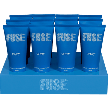 Fuse Sport Cosmetic Pigmentation Serum salon display, ideal for Scalp Micropigmentation Aftercare and scalp anti-shine benefits.